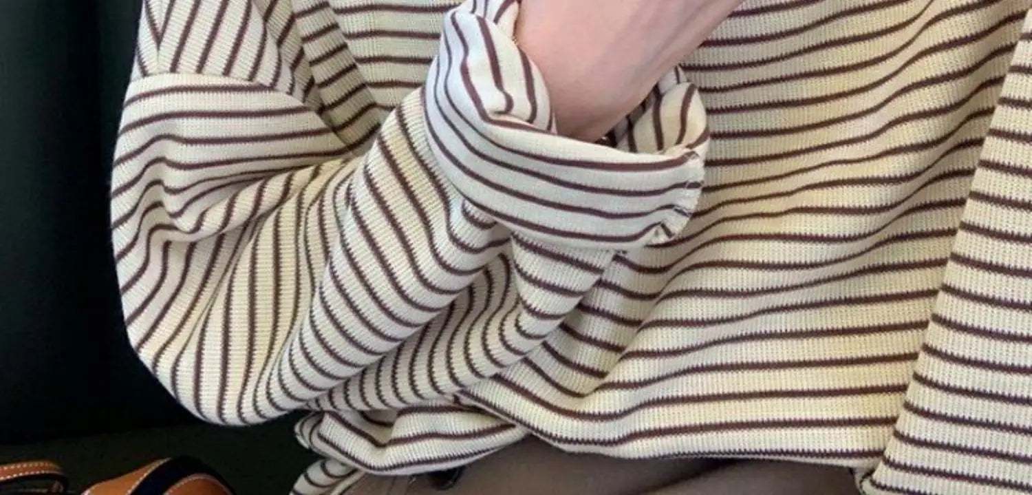 Hnewly  Coffee Stripes Cotton T-Shirts Women Loose Spring Autumn 2023 Lady Casual Full Sleeve O-Neck Chic All Match Tops