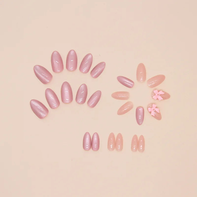 Hnewly 24pcs Pink Bow Design Glossy Press on Nails Wearable Detachable Almond Fake Nail Tips for Girls Lady Korean Sweet False Nails