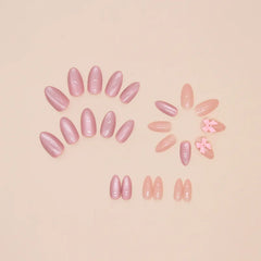 Hnewly 24pcs Pink Bow Design Glossy Press on Nails Wearable Detachable Almond Fake Nail Tips for Girls Lady Korean Sweet False Nails
