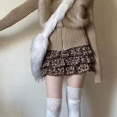 Hnewly  Leopard Print Sexy Mini Skirt Women Ruffle Y2k Vintage Harajuku Short Skirts Streetwear High Waist Layered Retro Skirt