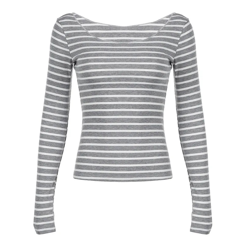Hnewly Grunge Top y2k Clothes Women Cybercore Striped Off Shoulder Long Sleeve T Shirt 2000s Gothic Clothing Fall Streetwear