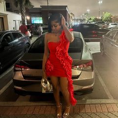 Hnewly  Ruffle Party Red Dress Mini Evening Club Wear Dresses Women Sexy Bodycon Elegant Cocktail Sleeveless Dress