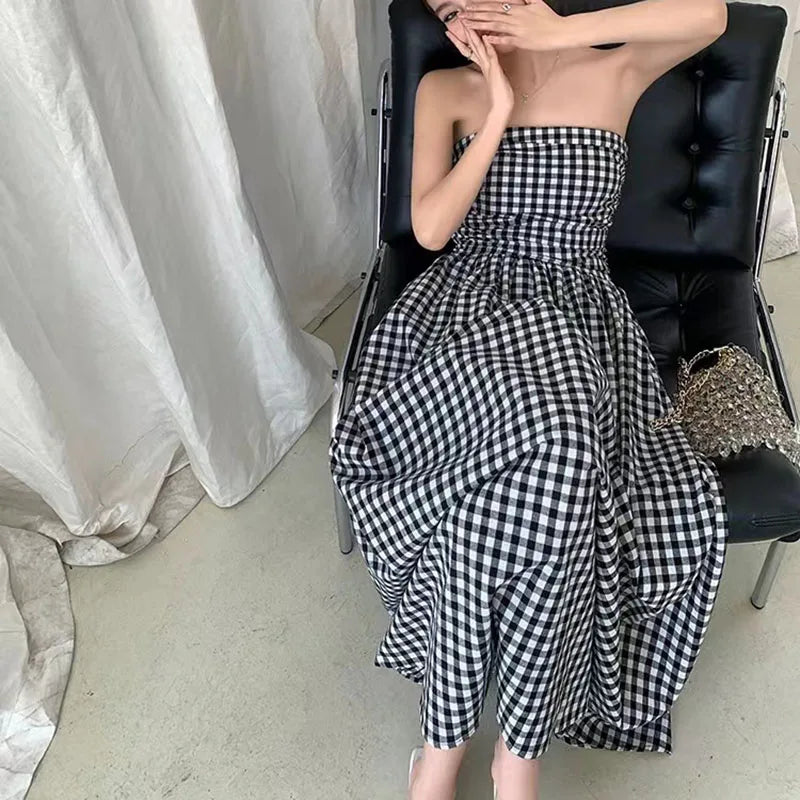 Hnewly Vintage Plaid Dress Women Summer Korean Elegant Tube Top All-Match Midi Dress Y2K Folds Off Shoulder Holiday Beach Vestidos