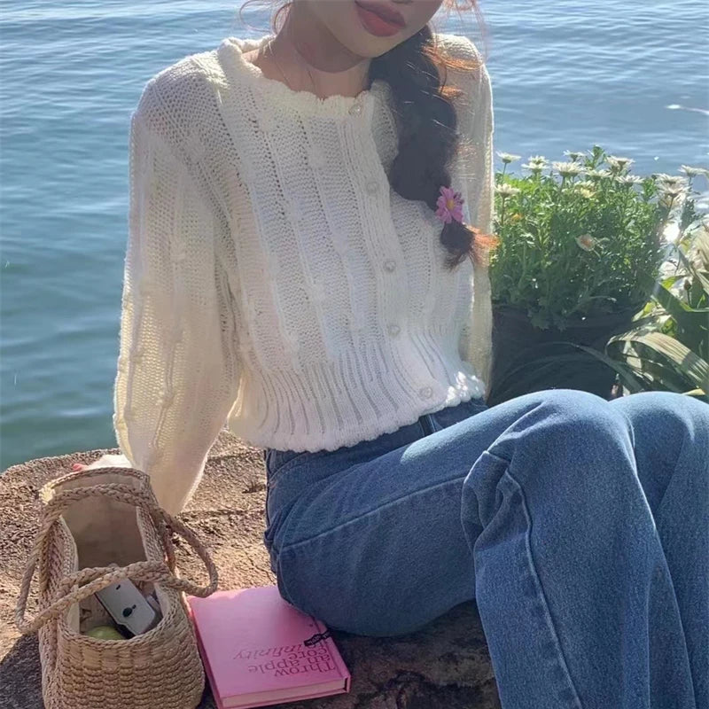 Hnewly  Cute Crop Cardigan for Women Hollow-out Openwork Button Up Knit Sweater Jacket Teen-girl Spring Autumn Fairycore Outfit