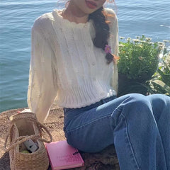 Hnewly  Cute Crop Cardigan for Women Hollow-out Openwork Button Up Knit Sweater Jacket Teen-girl Spring Autumn Fairycore Outfit