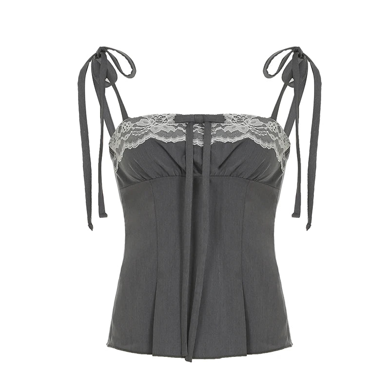 Hnewly Bandage Bow Stitching Crop Top Women Patchwork Lace Sleeveless Slim-fitting Tees y2k Vintage Vest Korean Fashion Camisole