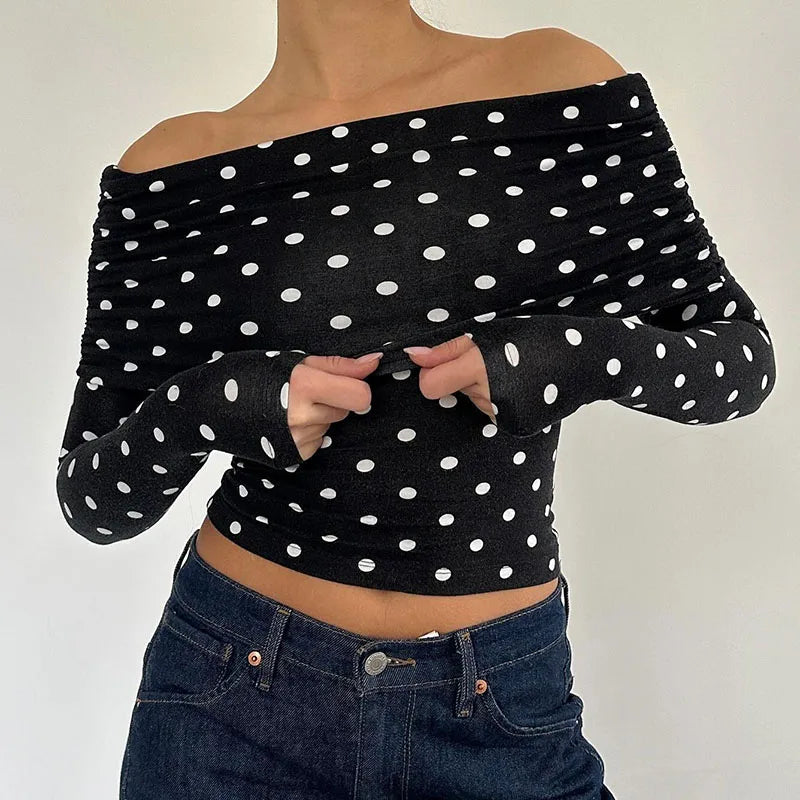 Hnewly Vintage Elegant Off-shoulder T-shirt Women Casual Full Sleeve Skinny Shirt for Summer Streetwear Basic Tees y2k Aesthetic