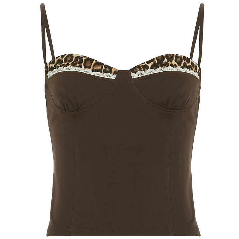 Hnewly y2k Leopard Print Patchwork Corset Top Women Sleeveless Skinny Crop Top y2k Aesthetic Cute Lace Stitching Camisole Ladies