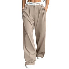 Hnewly  Basic Solid Color Lightweight Skin-friendly Suit Pants Fashion Pleated Wide Leg Casual Commuted Trousers for Women