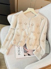Hnewly  Beading O-Neck Plush Long Sleeved Sweater  Women's Autumn Loose Soft Glutinous Knit Cardigan Elegant Single Breasted Short Top