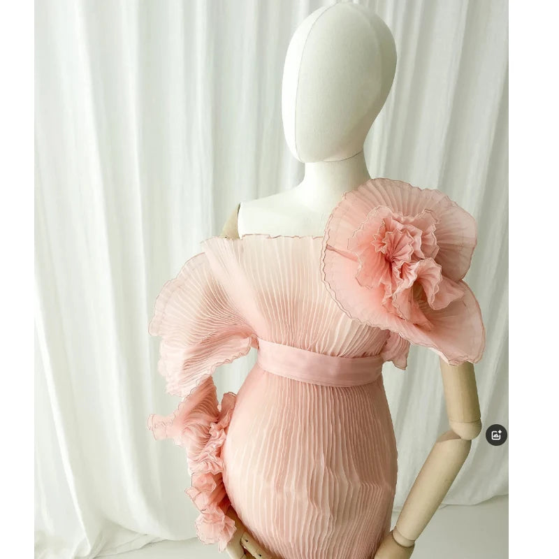 Hnewly  Handmade Sheer Pleated Maternity Dresses for Photoshoot Puff Sleeve Off Shoulder Pregnancy Dress Baby shower vestido maternidad