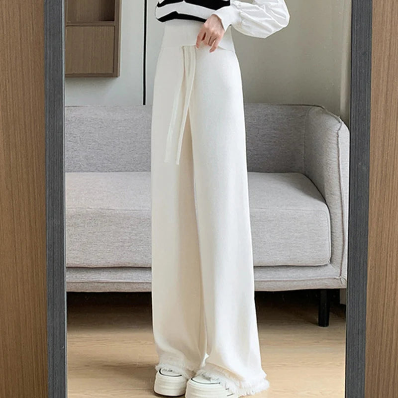 Hnewly  Fashion Tassel Edge Knitted Pants for Women Loose Wide Leg Pants Woman Autumn Winter Drawstring High Waist Baggy Strousers Lady