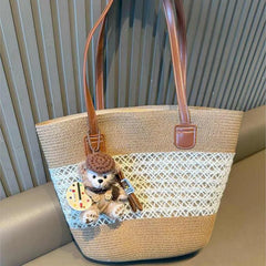 Hnewly  Beige Simple Hollow Out Tote Bag Women Straw Woven Large Capacity Shoulder Bag Ladies Fashion Casual Beach Vacation Tote Bag New