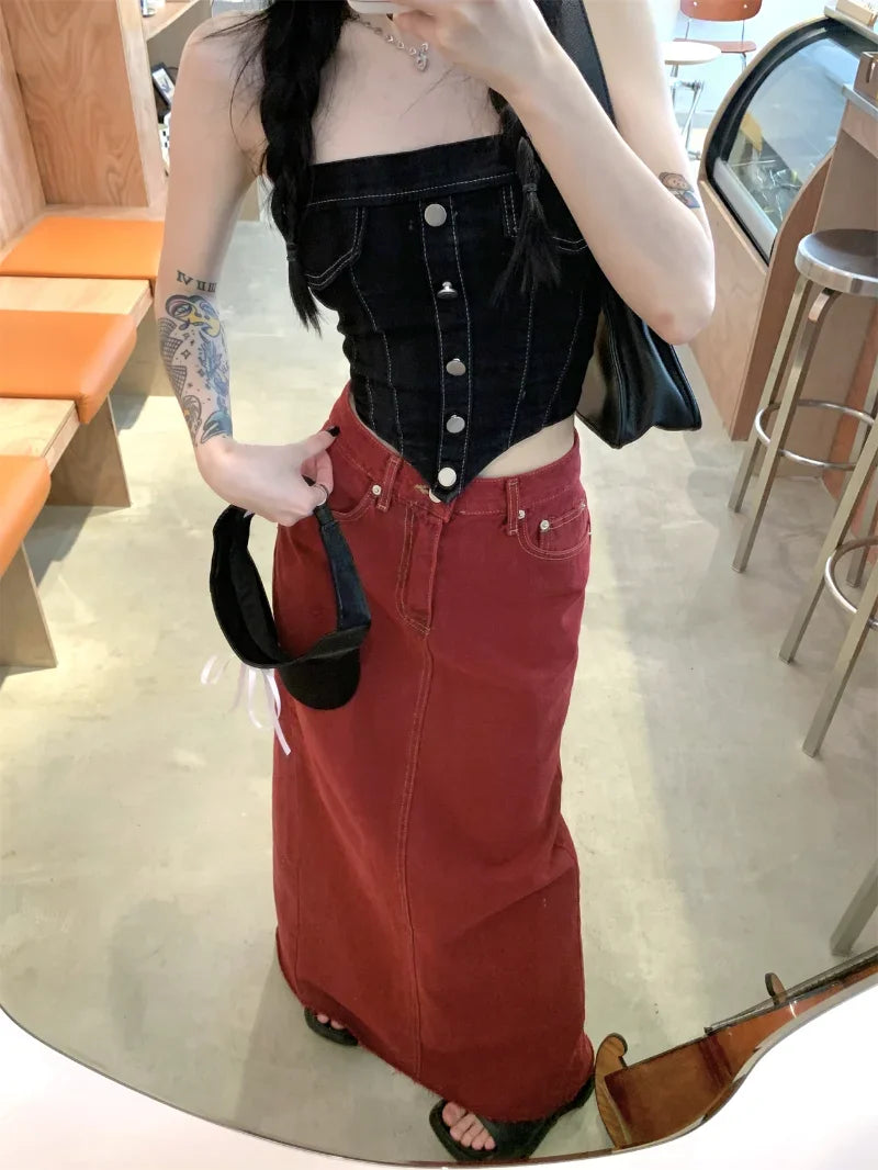 Hnewly Women's Red Split Back Denim Skirt Summer Chic Design Street Style Solid Color Female Straight Floor Length Long Skirts