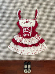 Hnewly  Vintage Slim Square Neck Print 2 Piece Set Women Sweet Cute Lace Bow Patchwork Tops Female + High Waist Short Skirt