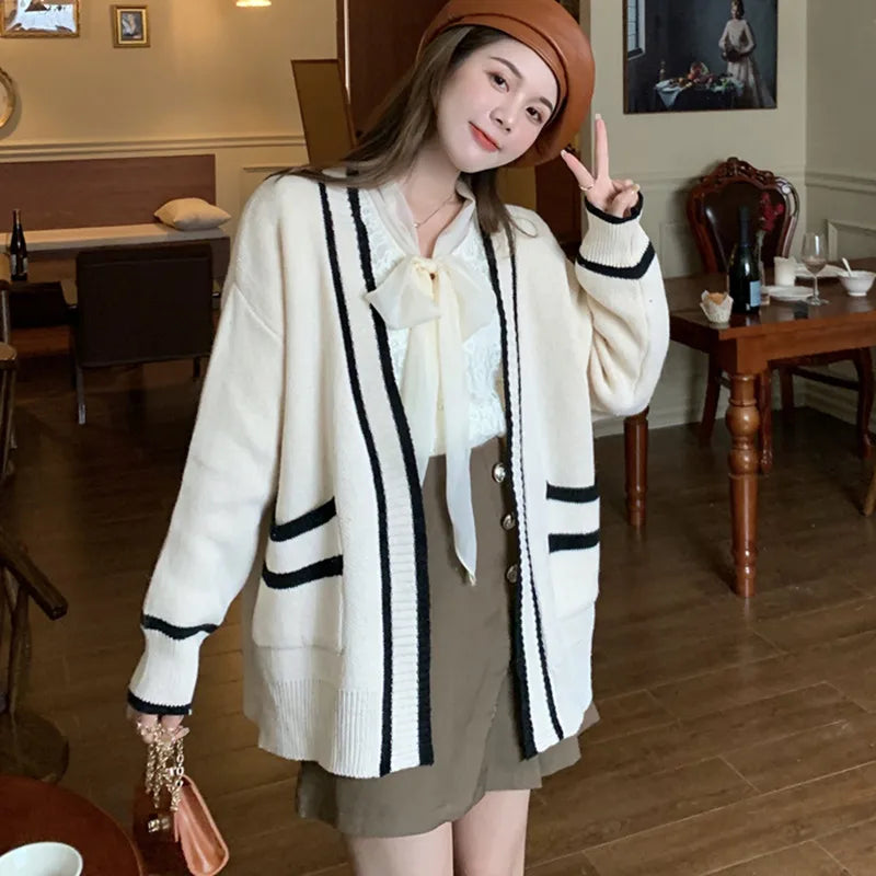 Hnewly  Varsity Cardigan Sweater for Women Open Front Slouchy Knitted Sweater Jacket Cardi Collaege Student Girl Fall Winter Outfit