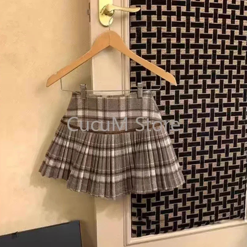 Hnewly Japanese Style Retro Spicy Girl Plaid Pleated Skirt Autumn Winter College Style Woolen Mini Skirt High Waiste Sweet Kawaii Skirt
