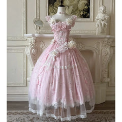 Hnewly  Summer New Women's Pink Green Flower Bow Slim Long Lolita Dress Coming-of-Age Birthday Banquet Princess Evening Dress
