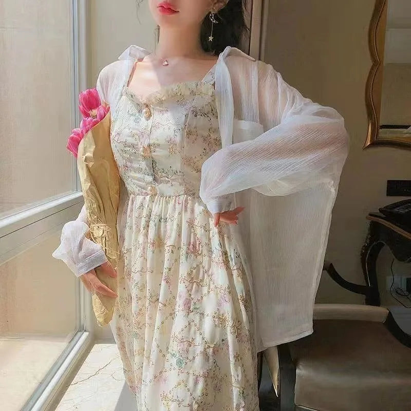Hnewly Summer French Sweet Fairy Dress Women Elegant Pearl Button Floral Print Ruffles Party Female Kawaii Korean Cottagecore Dresses