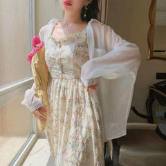Hnewly Summer French Sweet Fairy Dress Women Elegant Pearl Button Floral Print Ruffles Party Female Kawaii Korean Cottagecore Dresses