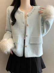 Hnewly  Elegant Pearls Sweet Cardigan Women Vintage O Neck Faux Mink Cashmere Knitted Sweaters Korean Casual Long Sleeve Loose Tops