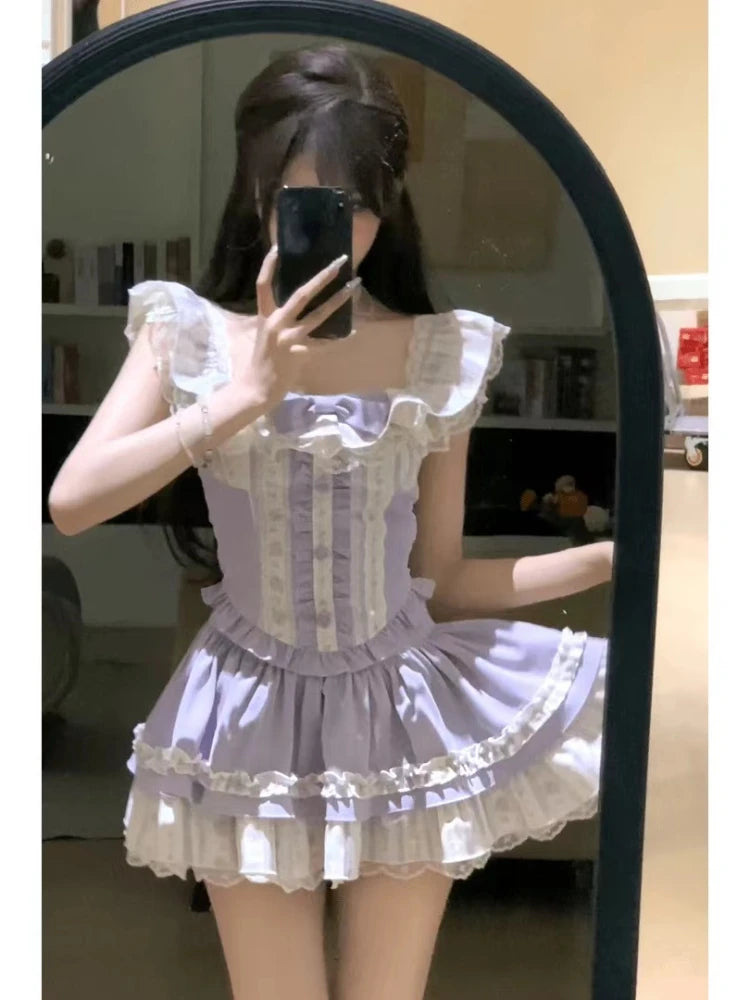 Hnewly Japanese Kawaii 2 Piece Skirt Sets Women Sweet Lace Patchwork Y2k Crop Tops + Slim Pleated Princess Skirt OutfitsVintage Suits