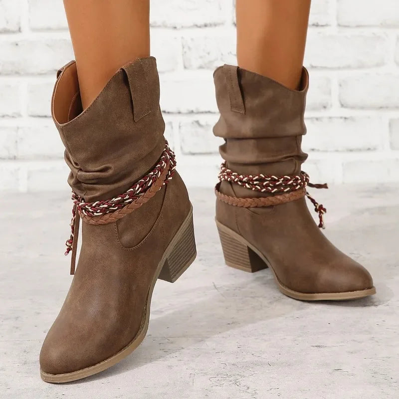 Hnewly outfit inspo winter Women's Shoes Slip-on Women's Boots Fashion Pleated Daily  Boots Women Hot Sale Round Toe Square Heel Ankle Boots