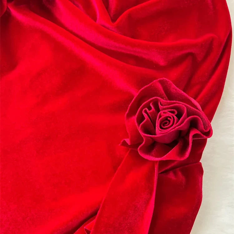 Hnewly DRESS TO IMPRESS French Retro Velvet Dress Ladies Spaghetti Strap Sleeveless 3D Flowers Split Red Evening Party Sexy Dresses