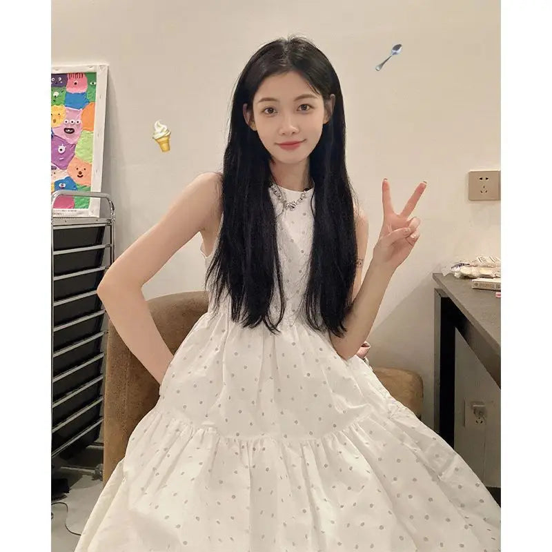 Hnewly  Woman Dress Preppy Style Polka Dot Sleeveless Loose Summer Fashion Sweet Elegant Princess Female Dresses Casual
