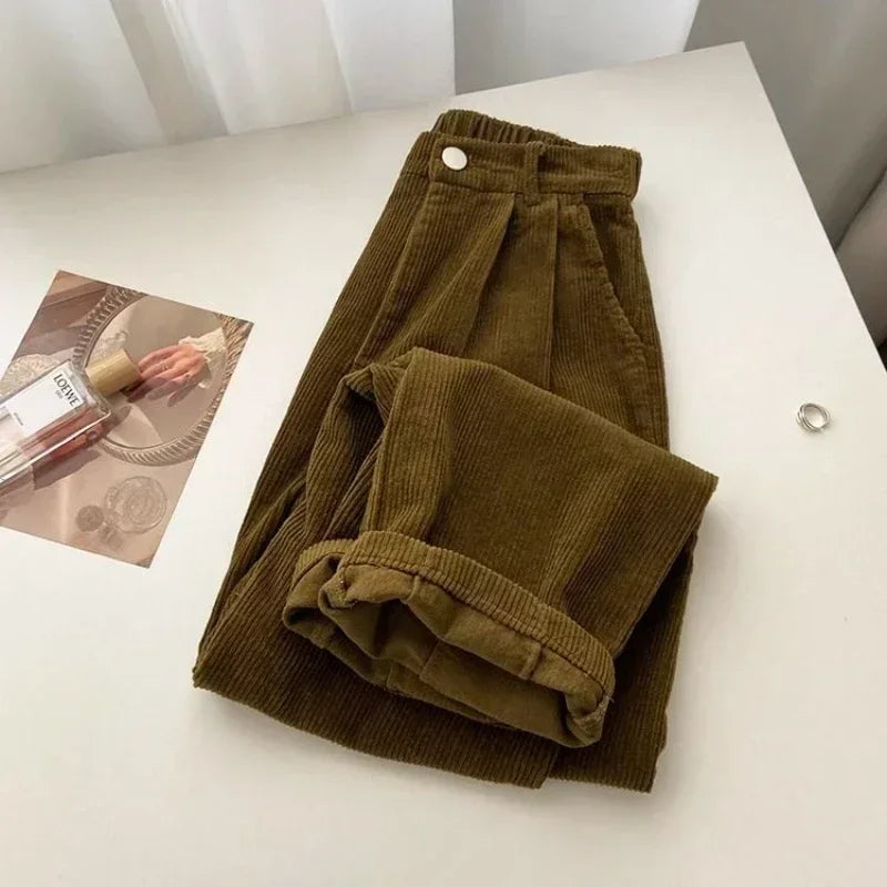 Hnewly Retro High Waist Corduroy Pants Women Spring Fall Straight Causal Full Length Trousers Korean Fashion Baggy All Match Black Pant