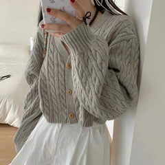 Hnewly  Cable Knit Cardigan for Women Long Sleeve Button-up Box-fit Crop Sweater Jacket Autumn Winter Teen-girl Y2K 90s Outfit