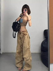 Hnewly Women's Street Style Retro Brown Unisex Jeans Vintage Fashion Cool Girl Bottoms Female High Waist Straight Cargo Trousers