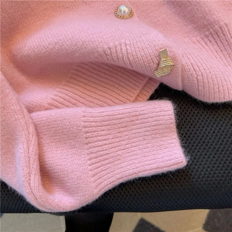 Hnewly  Elegant Metal Button Sweater Solid Long Sleeve Korean  O-Neck Puff Sleeve Knit Cardigan Coat Women Spring  Autumn Loose Top
