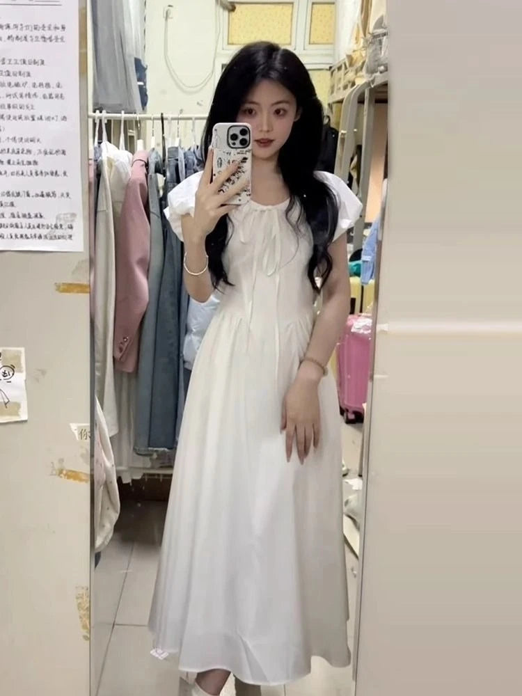 Hnewly  Woman Dress Puff Short Sleeve Lace Up French Style Chic Summer Fashion Temperament Elegant Party Dresses Female Casual
