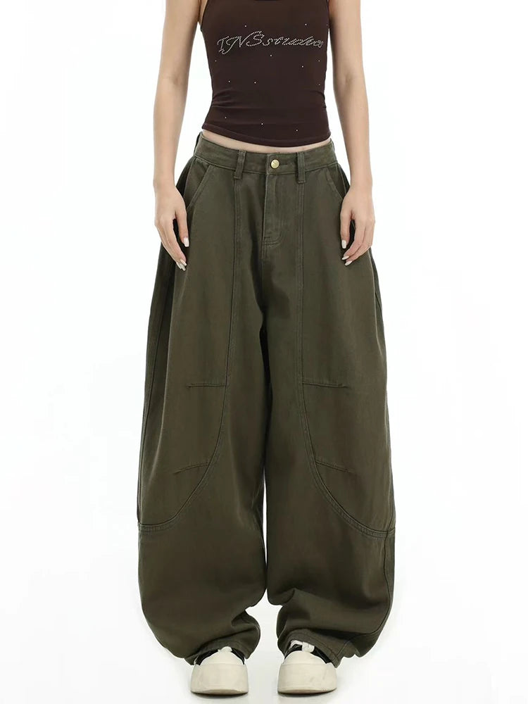 Hnewly Y2K American Retro Cargo Jeans Women High Waist Streetwear Loose Wide Leg Denim Pants Bf Hip Hop All Match Straight Pants New