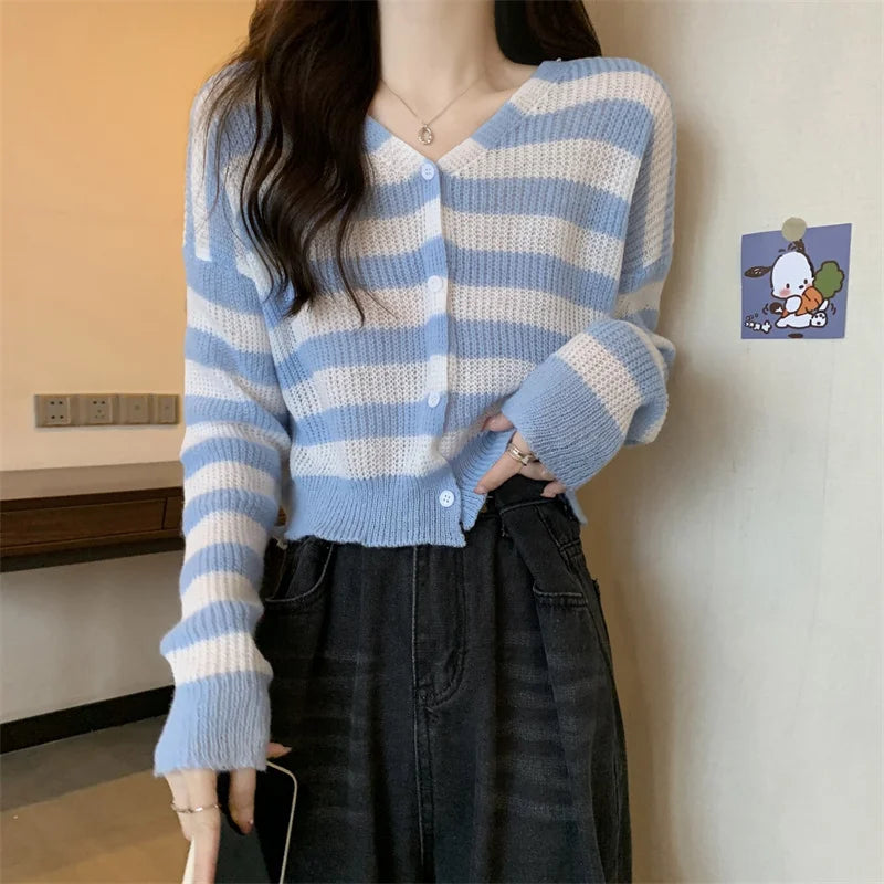Hnewly  Women Striped Knit Cardigan Button Front Long Sleeve V-neck Crop Sweater Jacket Comfy Knitwear French Chic Autumn Winter Outfit