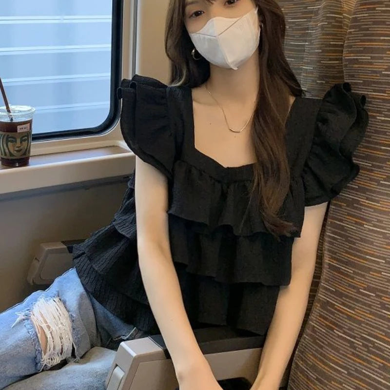 Hnewly Black Ruffles Blouses Women Kawaii Vintage Flying Sleeve Korean Style Personality Girlish Harajuku Streetwear Daily Summer Tops