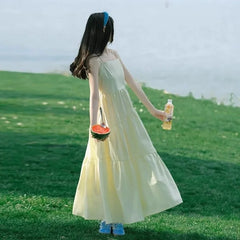 Hnewly  Gentle Style Mori Style Yellow Sling Dress Women's Summer New Elegant Tight Waist Slimming Long Dress