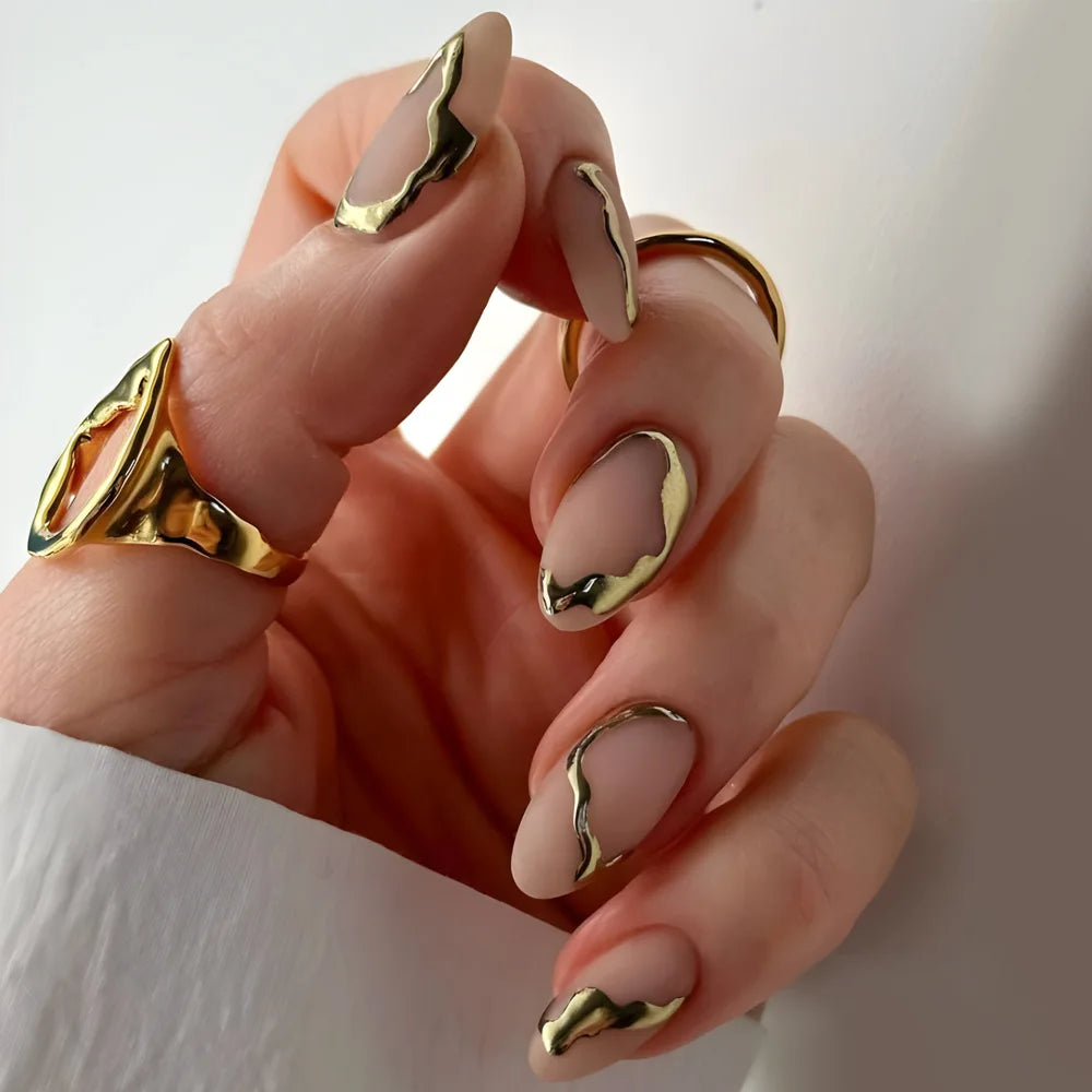 Hnewly 24Pcs Golden French Fake Nail with Almond Head Design Simple Oval False Nails Wearable Press on Nails Full Cover Nail Tips