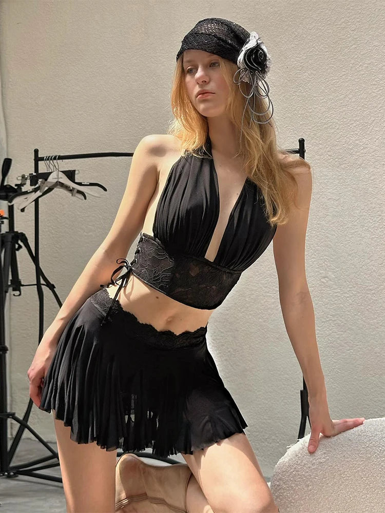 Hnewly Sexy 2Piece Set Women Y2K Patchwork Lace V-Neck Sleeveless Backless Folds Halter Tops+Wave Edge Skirt Matching Suit
