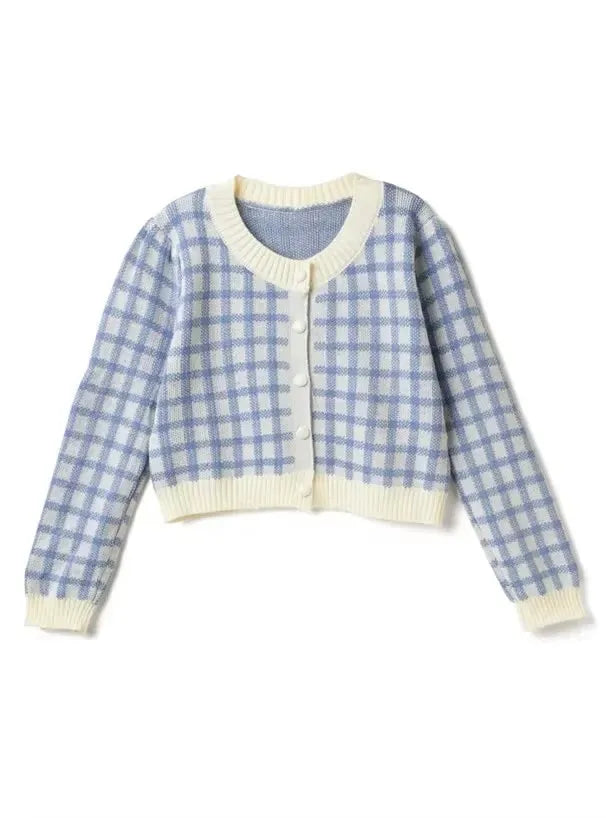 Hnewly  Women Checkerboard Crop Knit Cardigan Sweater Long Sleeve Button-up Box-fit Plaid Knit Top Teenage Girls Outfit