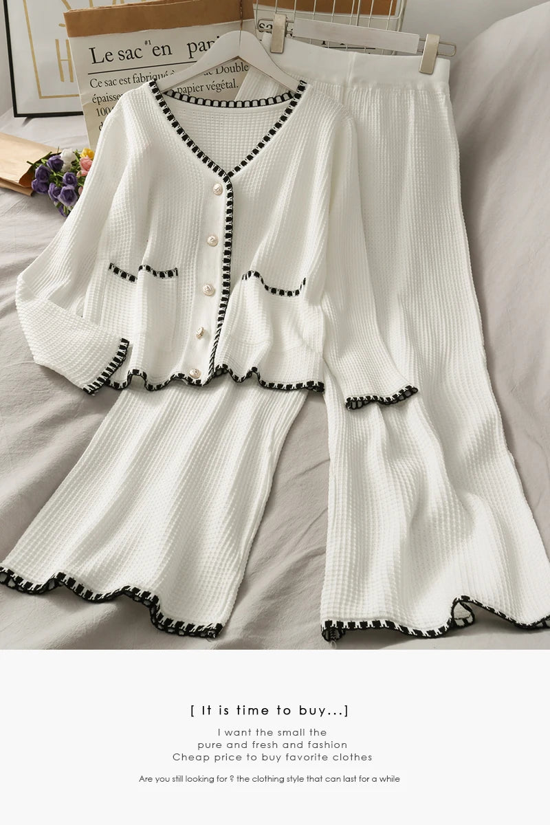 Hnewly  Autumn Spliced Color Knitted 2 Piece Sets Women Elegant V-neck  Single Breasted Cardigan And High Waist Wide Leg Pants Suit