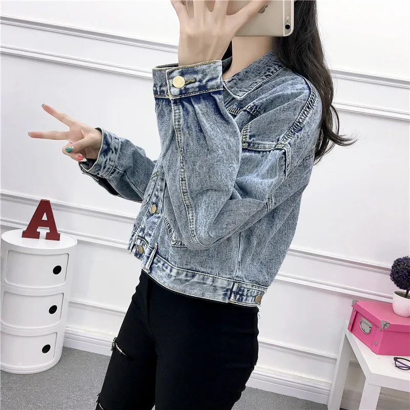 Hnewly Jean Jacket for Women Spring Autumn New Korean Bat Sleeved Short Top Loose BF Style Student Fashion Turn-down Collar Denim Coat