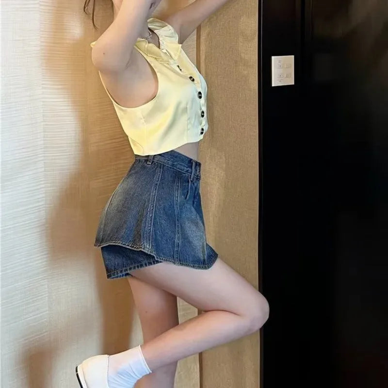 Hnewly Fake Two Pieces High Waisted Denim Shorts Skirt Women's Summer Korean Slimming Pleated Short Dresses Spicy Girl A-line Hot Pants