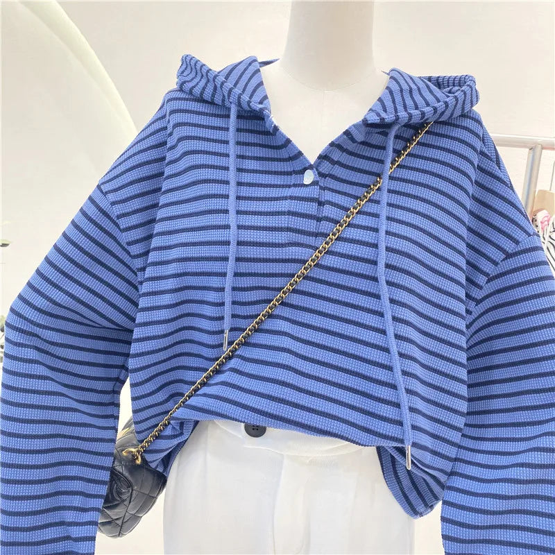 Hnewly  New Striped Hoodie Sweatshirt Women's Spring Autumn 2025 Fashion Preppy Style Retro Long Sleeve Top Loose Pullover Jacket