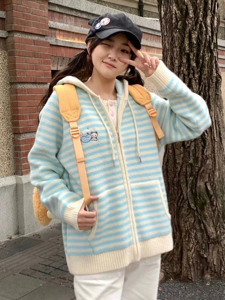 Hnewly Pink Striped Sweet Cardigan Women Cute Cartoon Long Sleeve Knitted Sweaters Vintage Kawaii Preppy Style Japan Pockets Tops Coats