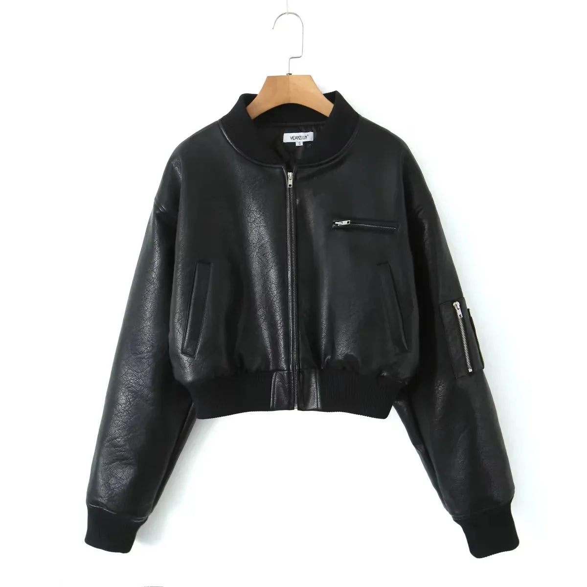 Hnewly  Lapel Cotton Leather Jacket Woman Short Retro Zipper Cardigan PU Jacket Solid Spring New female High Street Outwaer