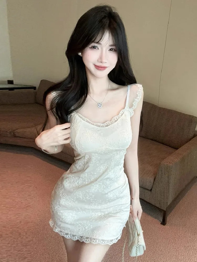 Hnewly  Women Dress Sleeveless Lace Patchwork Slash Neck Slim Elegant French Style Chic Party Mini Dresses Female Fashion