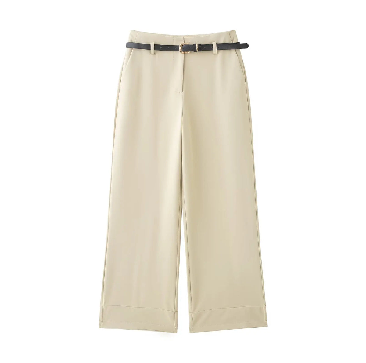 Hnewly  Women Chic Fashion Office Wear Straight Pants With Belt Vintage High Waist Zipper Female Trousers Mujer