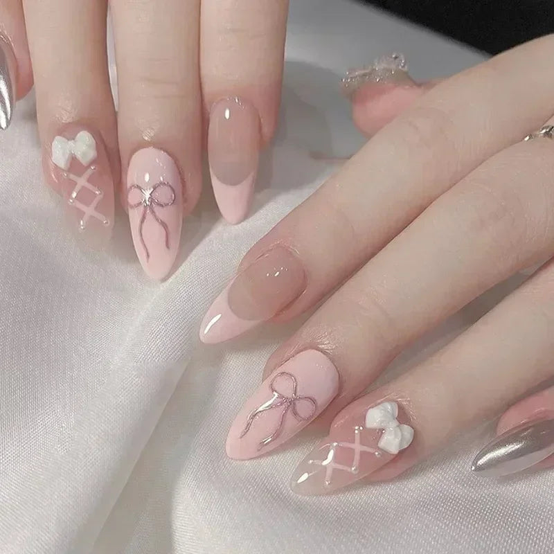 Hnewly 24Pcs Pink Almond French Press on Nails With 3D Bow ripple charms Design Fake Nails Ballerina False Nails Full Cover Nail Tips